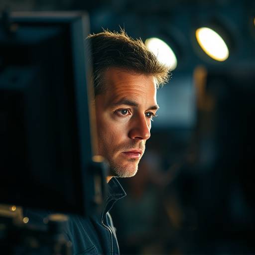 Director intensely observing a monitor displaying a shot.
