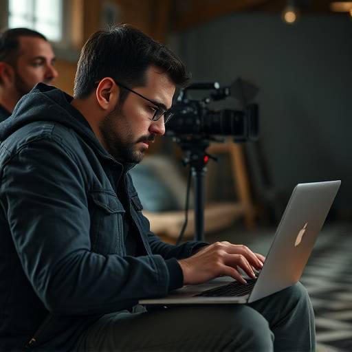 Director reviewing footage on a laptop during an independent film shoot.