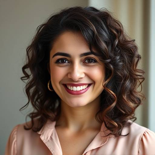 Headshot of Maria Garcia, a smiling woman with curly brown hair, wearing a stylish blouse.
